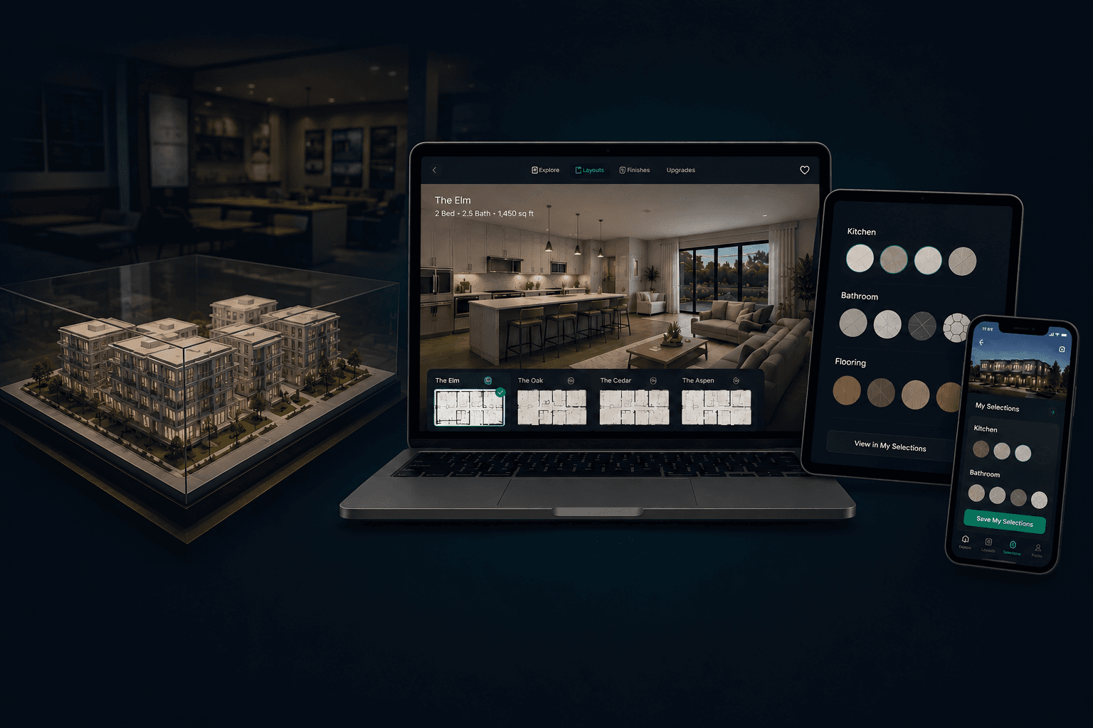 Physical scale model under glass beside the EstateArc buyer experience running on a laptop, tablet and phone
