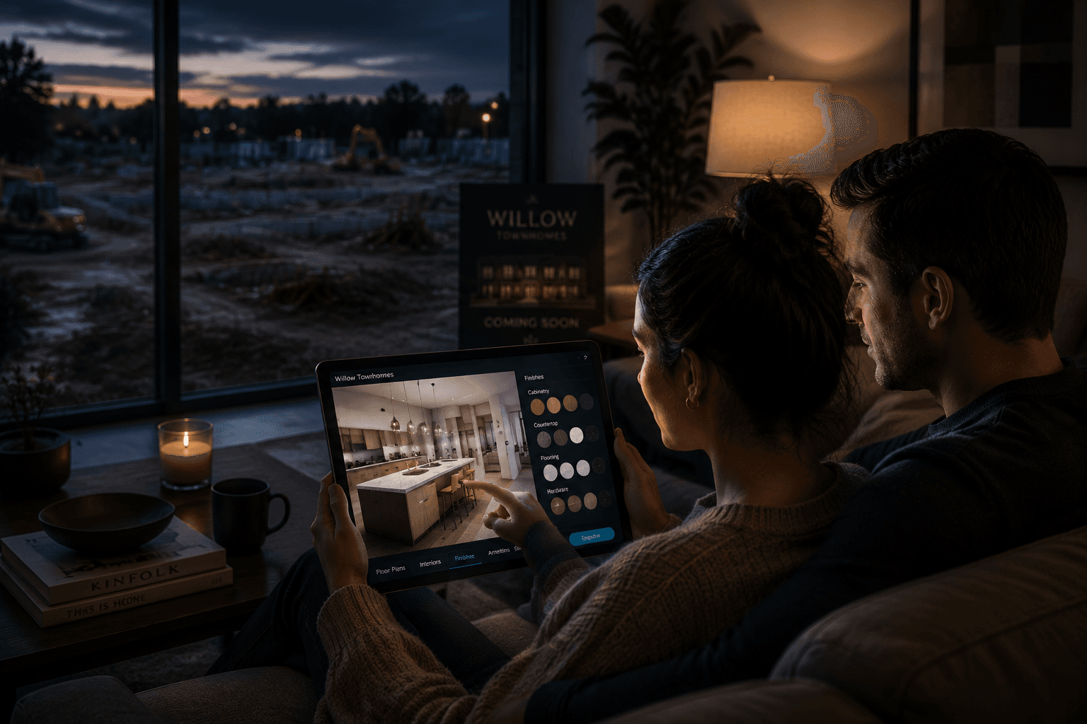Interactive 3D townhome visualization compared side by side with a physical model home