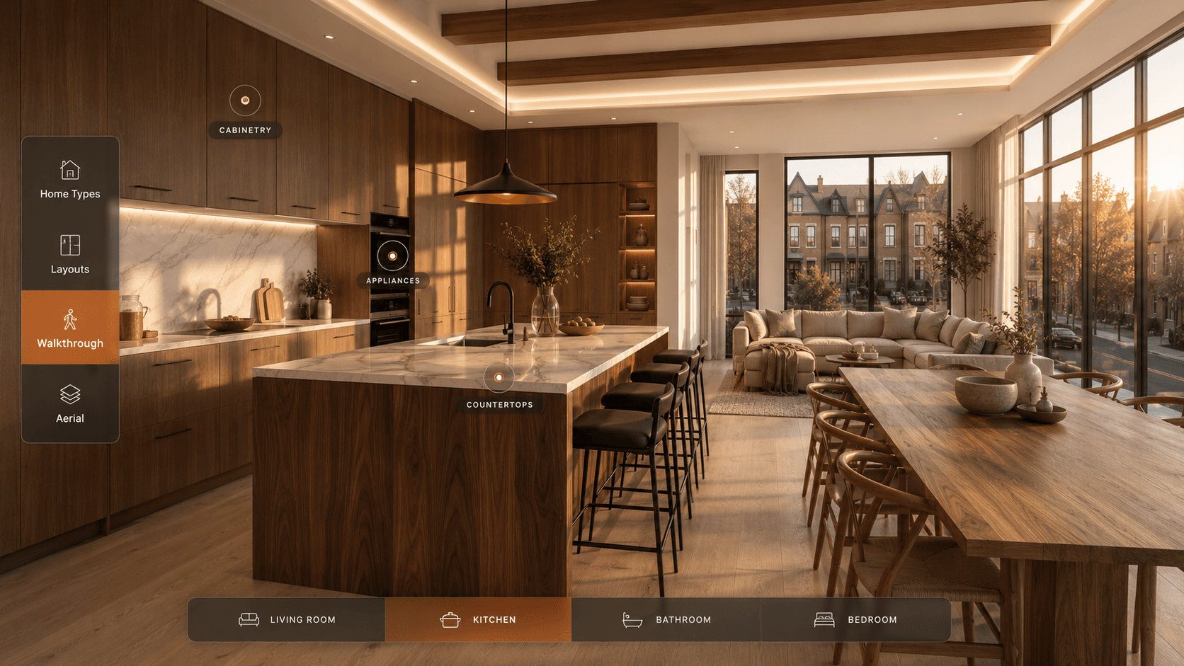 A photoreal townhome kitchen with the EstateArc interface overlaid — home type, layout, walkthrough and aerial navigation on the left, room tabs along the bottom, and clickable finish hotspots on the cabinetry, appliances and countertops