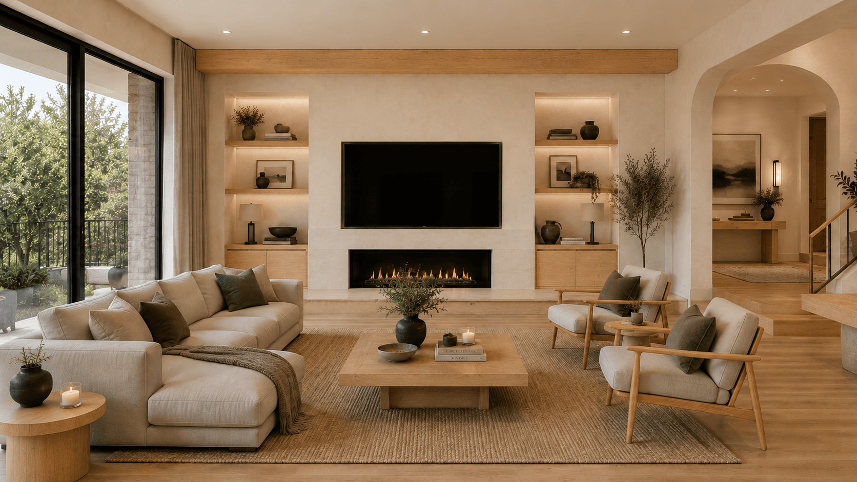 Townhome living room rendered in the light oak finish option