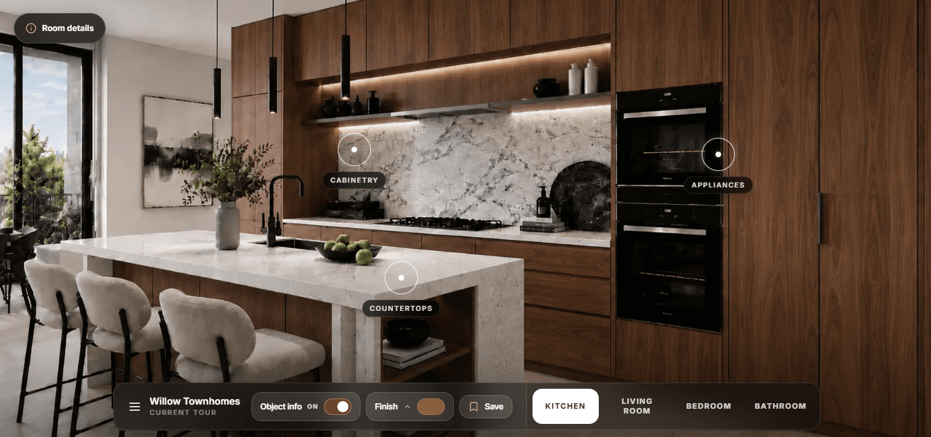 The EstateArc platform interface composited over a photoreal kitchen interior — home-type and room navigation with interactive finish hotspots