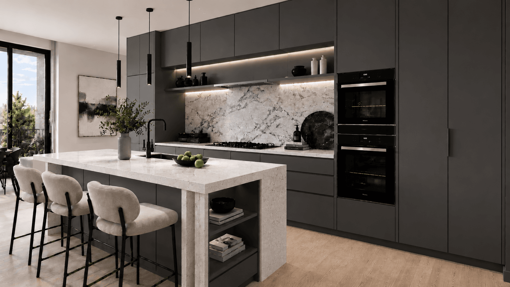 Kitchen with charcoal cabinetry finish