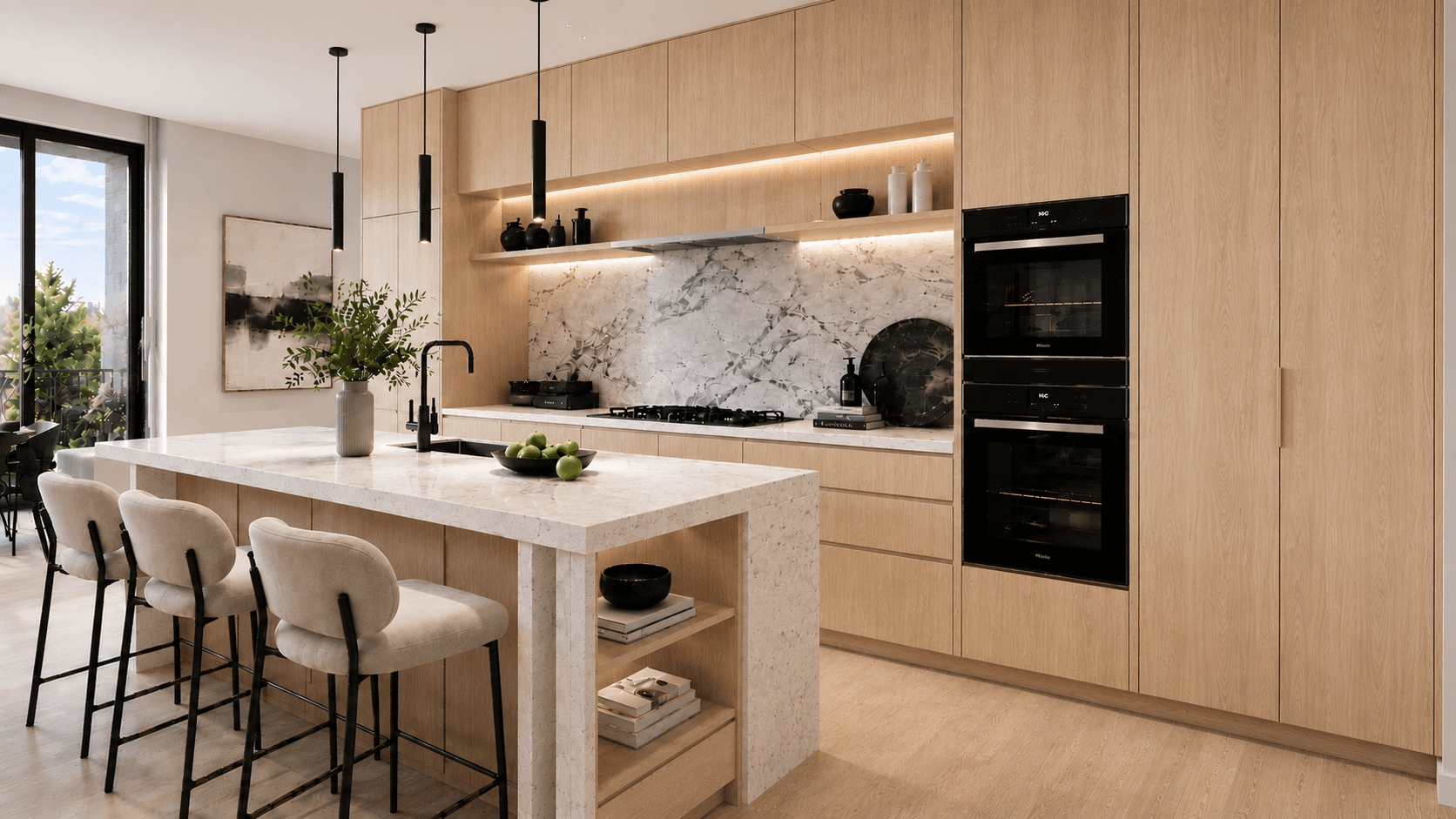 Kitchen with light oak cabinetry finish