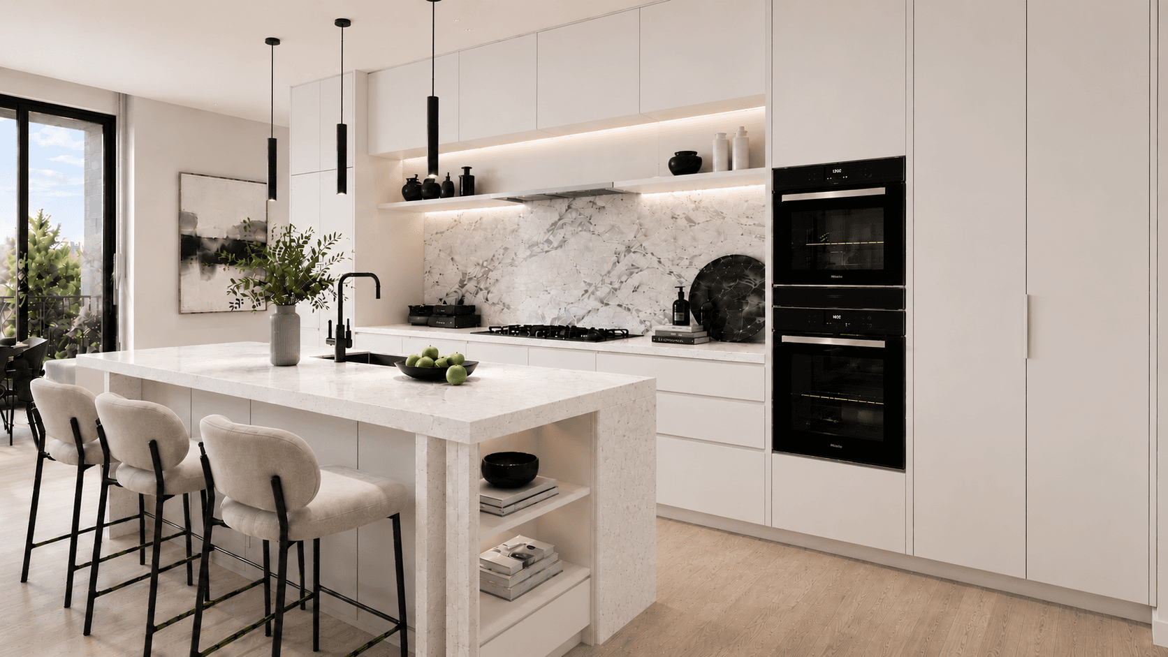 Kitchen with matte white cabinetry finish